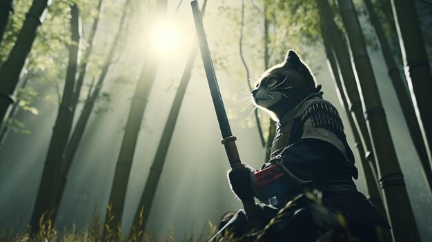 cat wearing ninja uniforms with katana sword on hand Generative AI