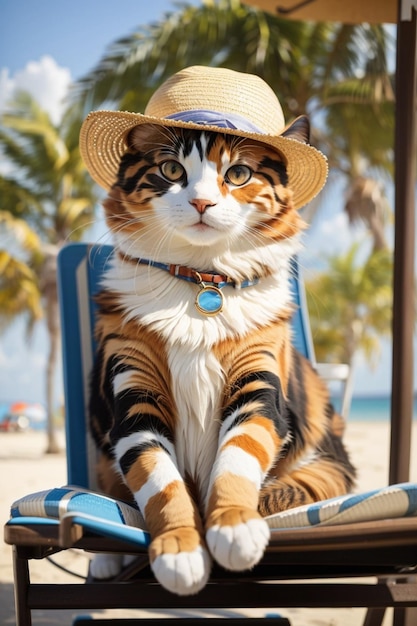 Foto un gatto che indossa un paio di occhiali rotondi e un cappello di paglia in cima a una sedia da spiaggia affondata