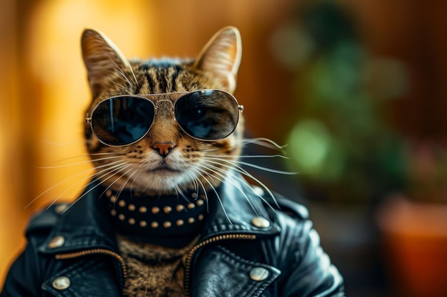 Cat wearing pair of sunglasses and leather jacket