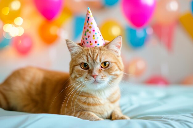 Photo cat wearing party hat on bed