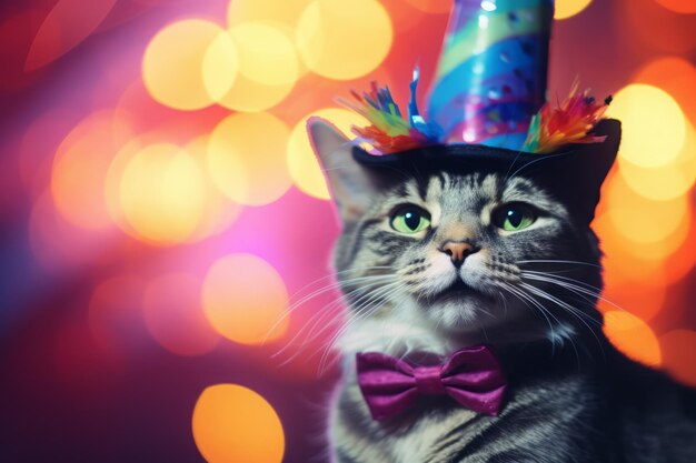 Foto un gatto che indossa un cappello da festa e un papillon con eleganza