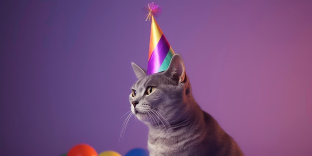 Foto un gatto che indossa un cappello da festa sta guardando la telecamera.