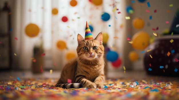 A cat wearing a party hat sits on a bed of confetti.