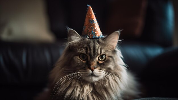 A cat wearing a party hat sits on a couch