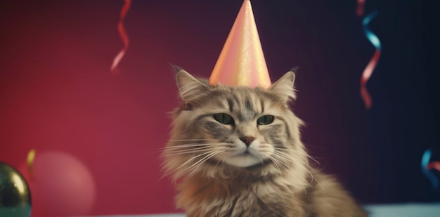 Foto un gatto che indossa un cappello da festa si siede accanto a un palloncino rosso.