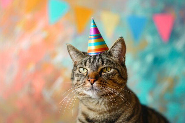 Photo cat wearing party hat