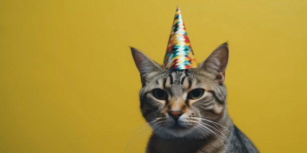 A cat wearing a party hat