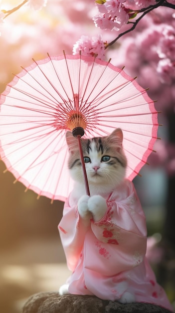 A cat wearing a pink chinese umbrella