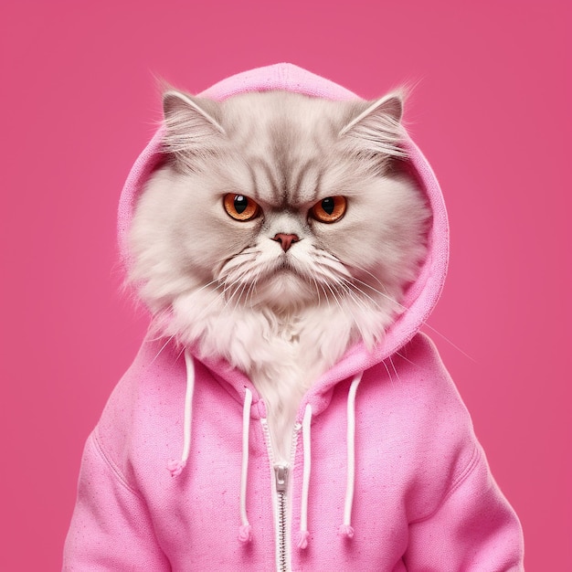 a cat wearing a pink hoodie with orange eyes and a hoodie on it