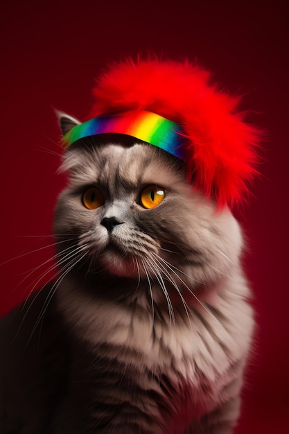 A cat wearing a rainbow hat and sunglasses