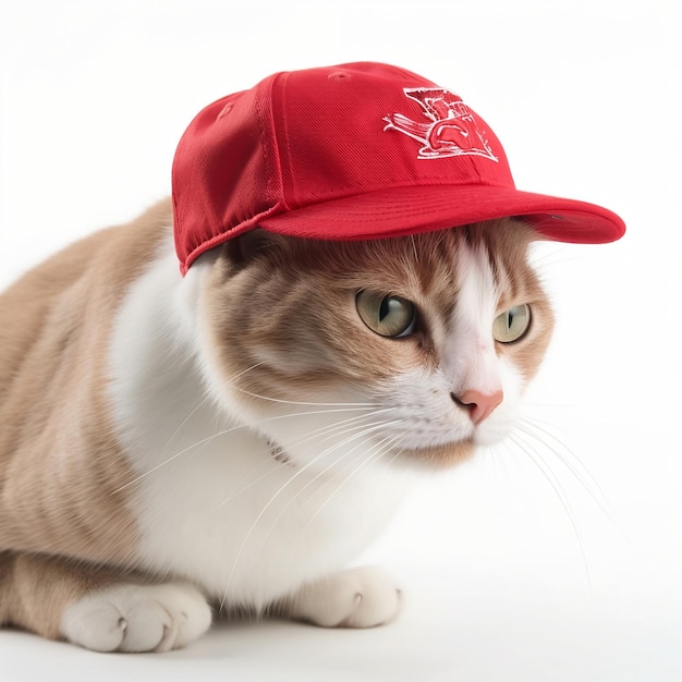 A cat wearing a red baseball cap