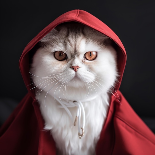 赤いマントをかぶった白い顔と白い鼻の猫