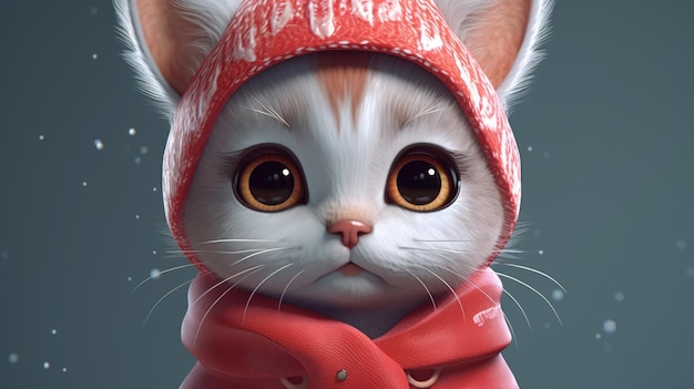 A cat wearing a red hat and a red scarf with a red hat.