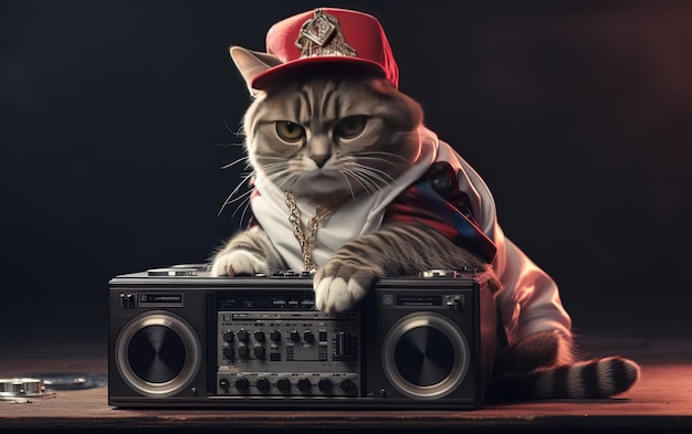 кошка в красной шляпе сидит на радио