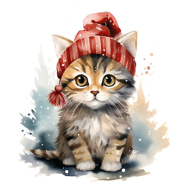 a cat wearing a red hat with a white and red hat.