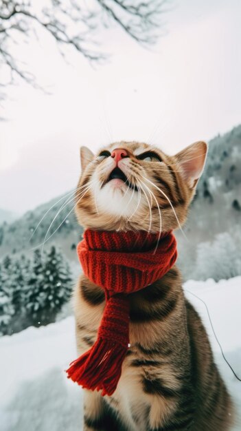 Foto un gatto che indossa una sciarpa rossa nella neve immagine di intelligenza artificiale generativa