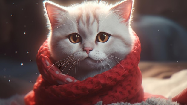 A cat wearing a red scarf with the word cat on it