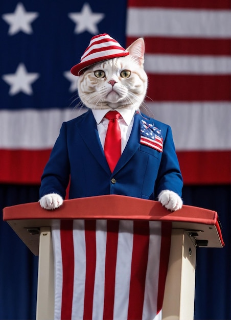 a cat wearing a red and white hat is speaking into a podium