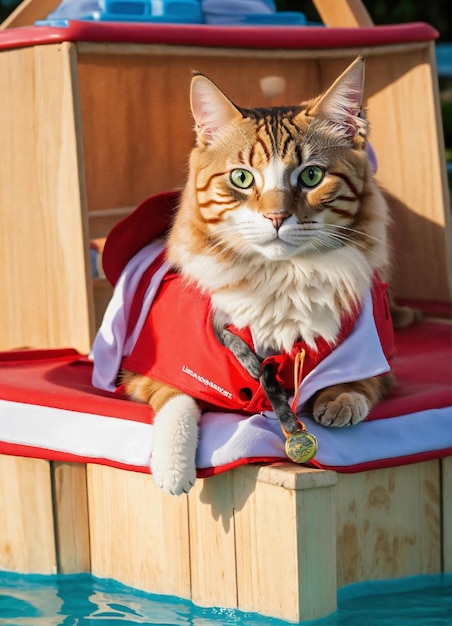 Photo a cat wearing a red and white outfit sits on a wooden structure