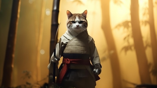 Photo cat wearing samurai uniforms warrior samurai cat with sword