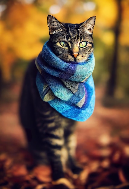 A cat wearing a scarf in an Autumn forest.