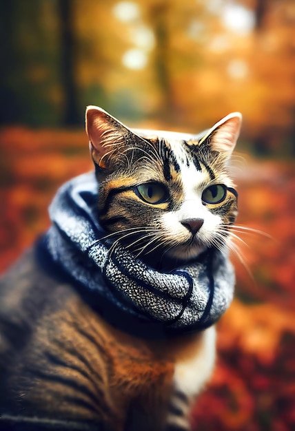 A cat wearing a scarf in an Autumn forest.