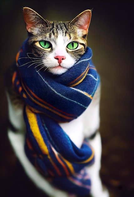 A cat wearing a scarf in an Autumn forest.