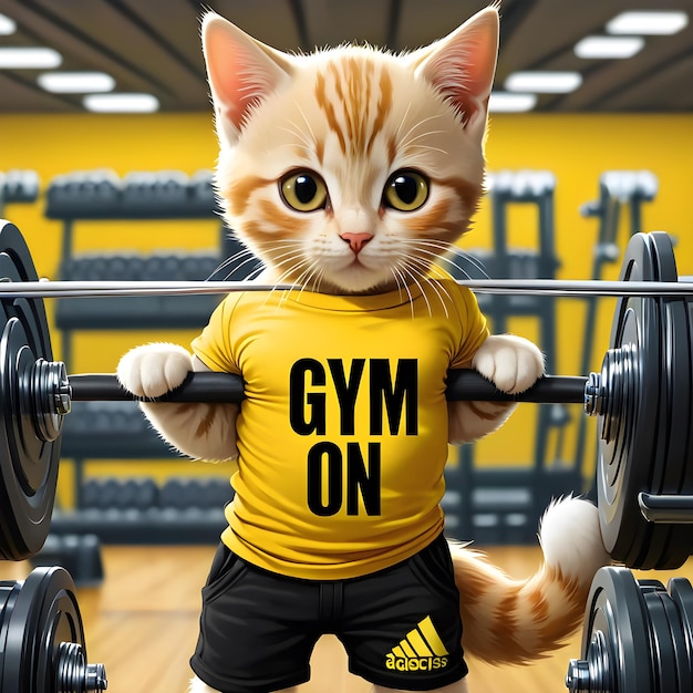 a cat wearing a shirt that says gym on it