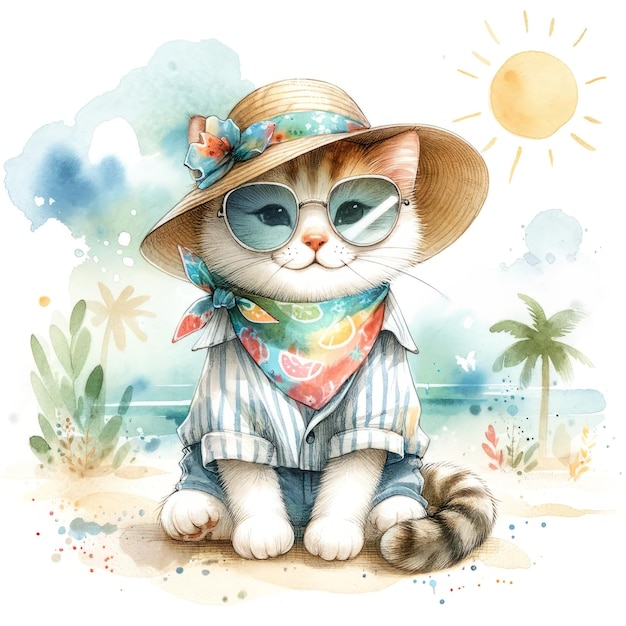 a cat wearing a shirt that sitting on the beach in summer time