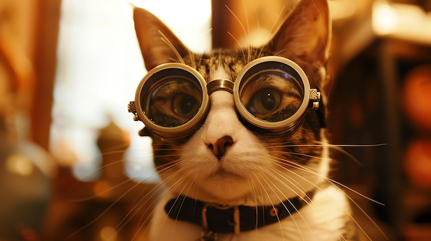 Foto un gatto che indossa occhiali steampunk guarda la telecamera con un'espressione curiosa