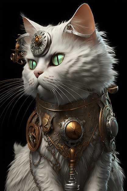 A cat wearing a steampunk outfit with green eyes