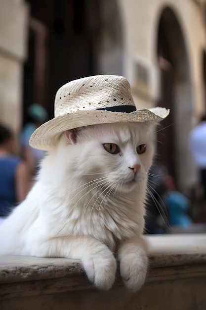 Photo a cat wearing a straw hat