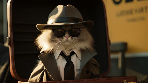 Photo a cat wearing a suit and hat is in a car.