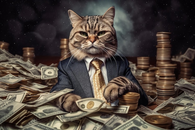 Cat Wearing Suit Sitting in Workspace Stylish Like a Boss with Lots Money