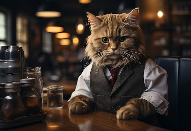 Cat wearing a suit and tie in a restaurant