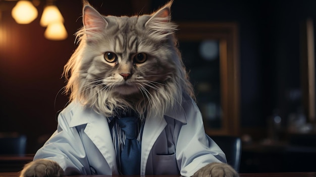 a cat wearing a suit and tie sits at a table