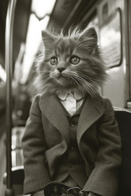 地下鉄に座っているスーツとネクタイを着た猫