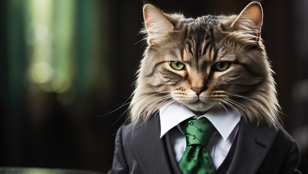 Photo a cat wearing a suit and tie with green eyes