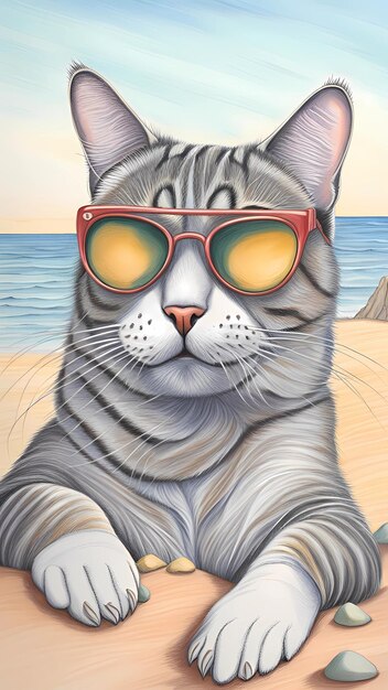 해변에서 선글라스를 착용한 고양이가 만화 작품을 그린다