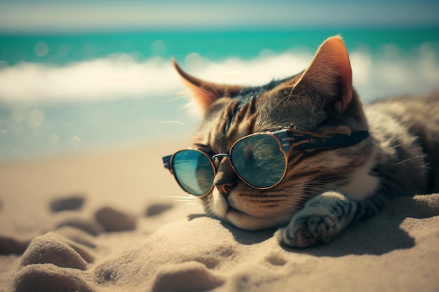 Photo a cat wearing sunglasses on a beach