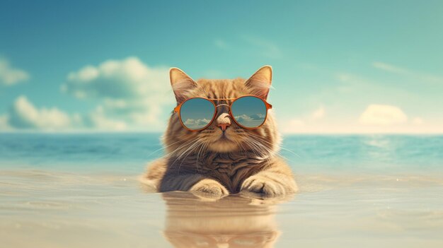 A cat wearing sunglasses on a beach