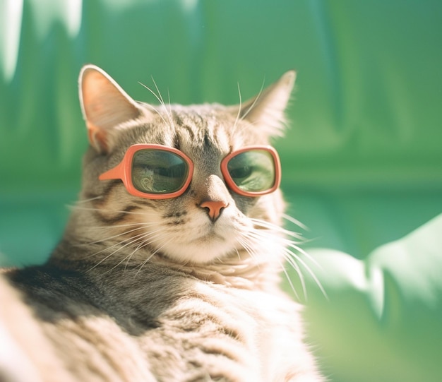 A cat wearing sunglasses and a green leather couch.