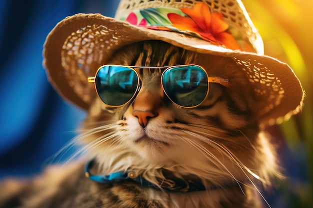 Cat wearing sunglasses and a hat enjoys beach vacation