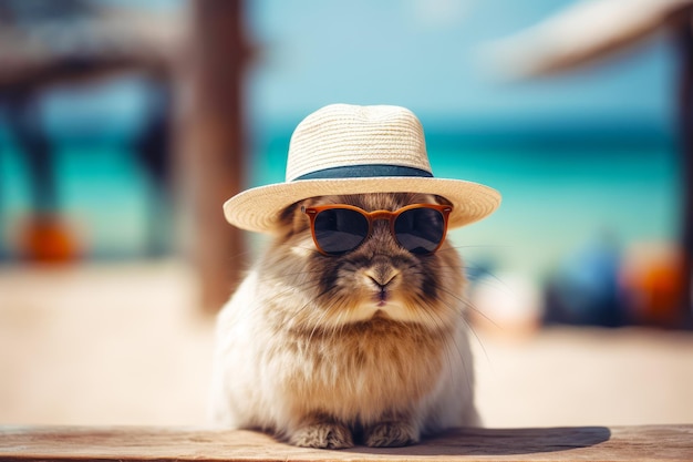 Cat wearing sunglasses and hat sitting on wooden table next to the ocean Generative AI