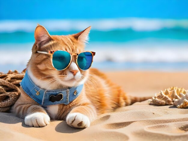 A cat wearing sunglasses is sitting on the beach ai generate