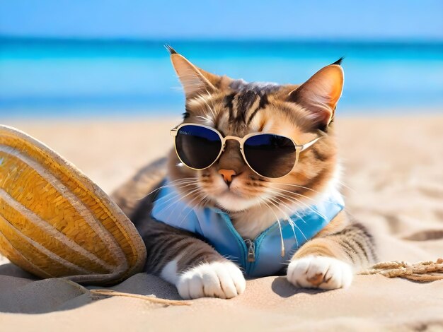 A cat wearing sunglasses is sitting on the beach ai generate