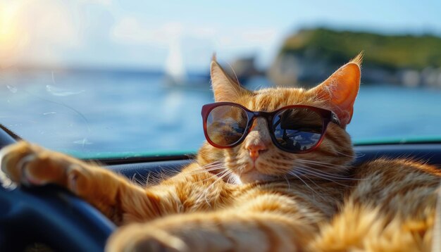 A cat wearing sunglasses is sitting in a car window by ai generated image