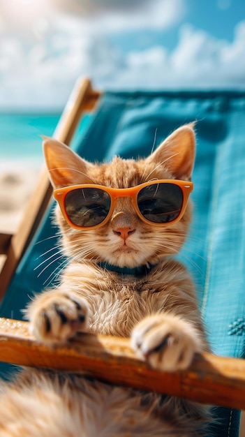 a cat wearing sunglasses is sitting in a wooden chair