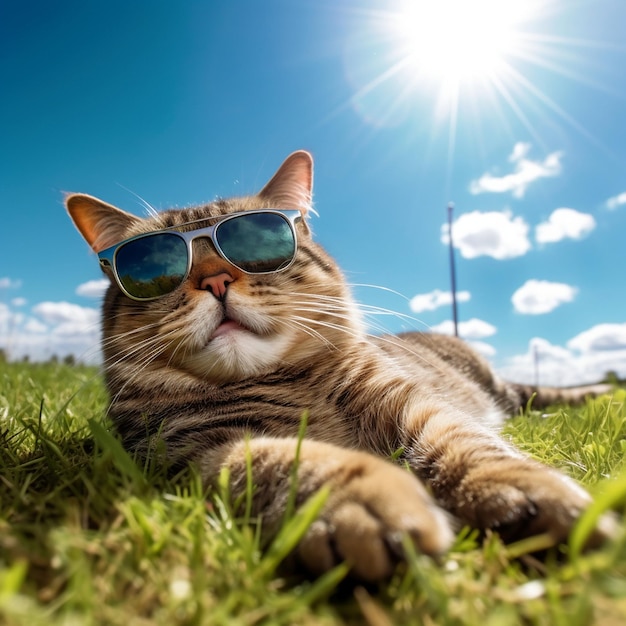 a cat wearing sunglasses laying on the grass with the sun behind him.