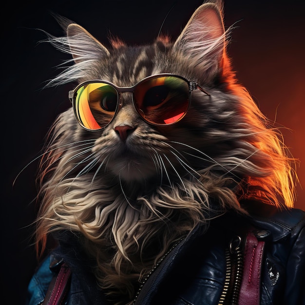 A cat wearing sunglasses and a leather jacket